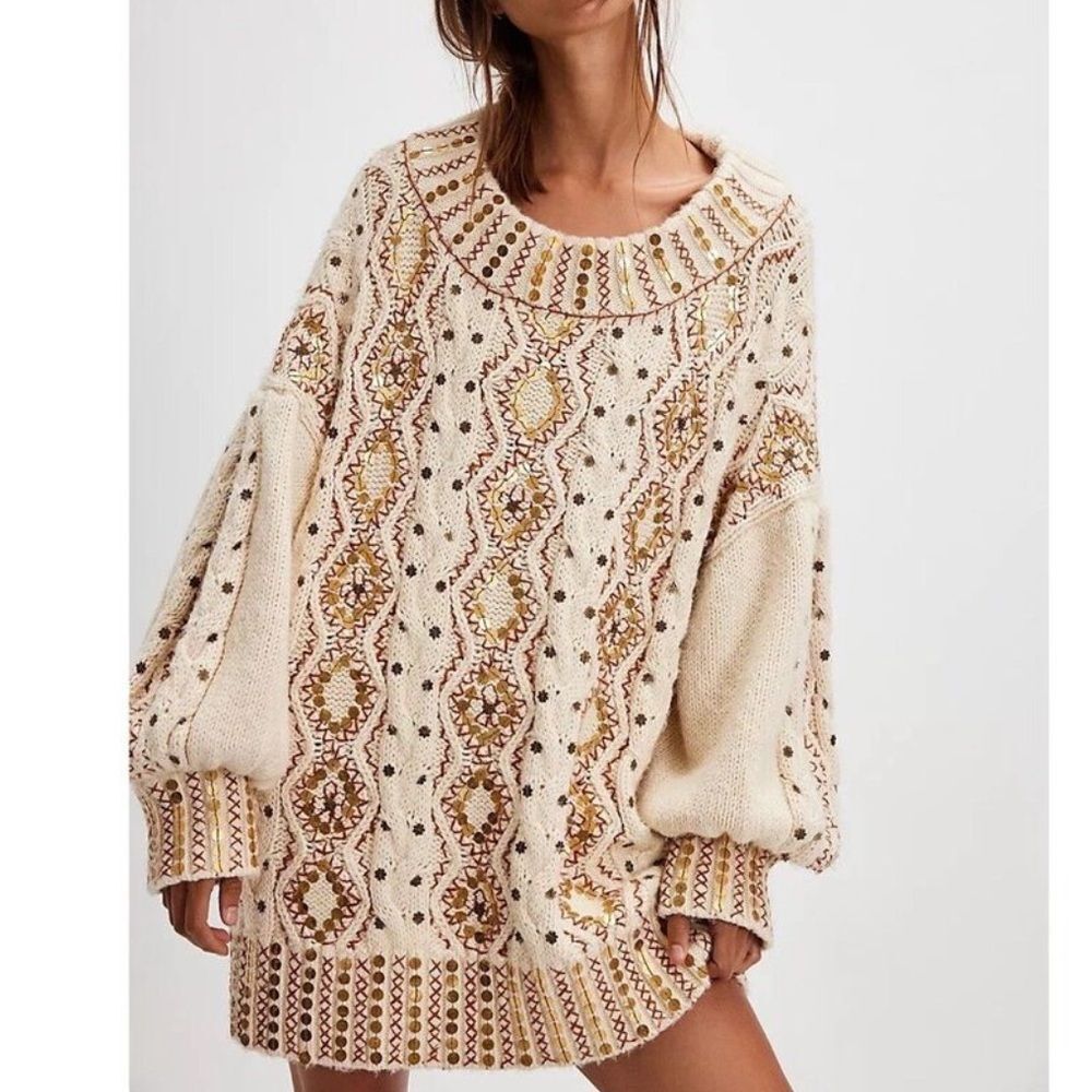 Free People Gilded Cable Embellished Sweater NWOT